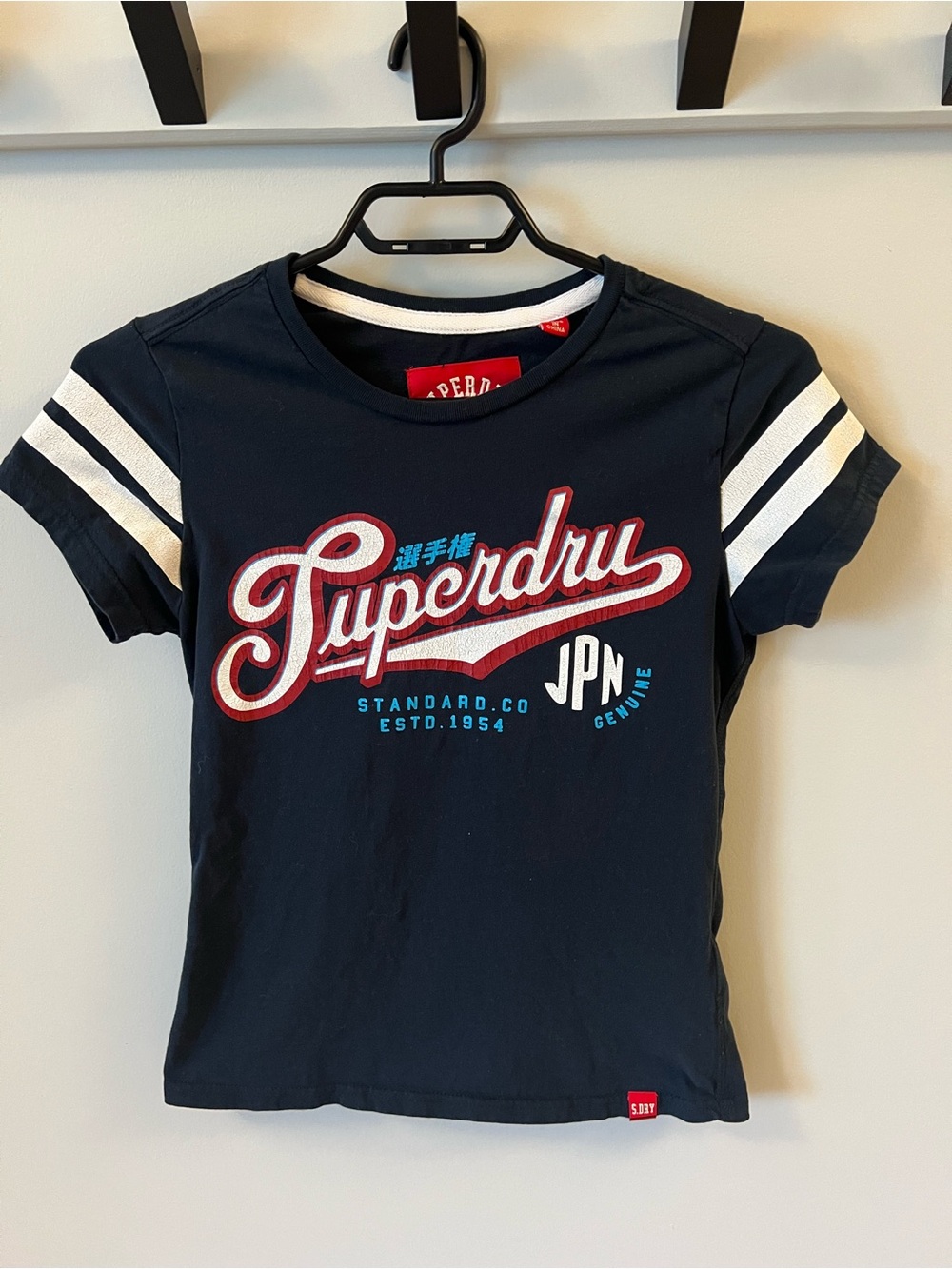 Superdry Kids Navy Tee with White Sleeve Stripes